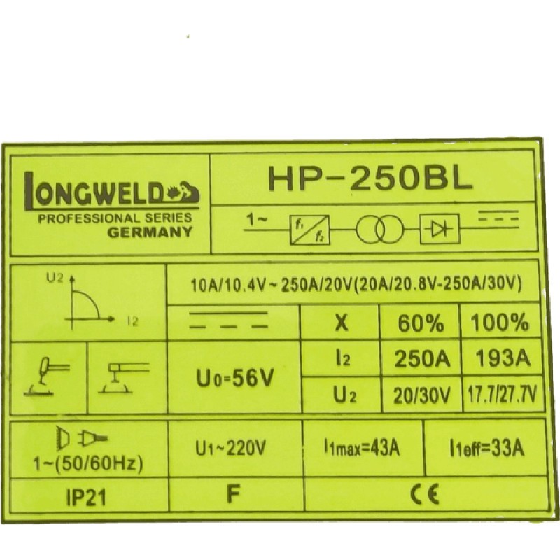 Suvirinimo aparatas LONGWELD HP-250BL (MMA / TIG, 10–250 A)
